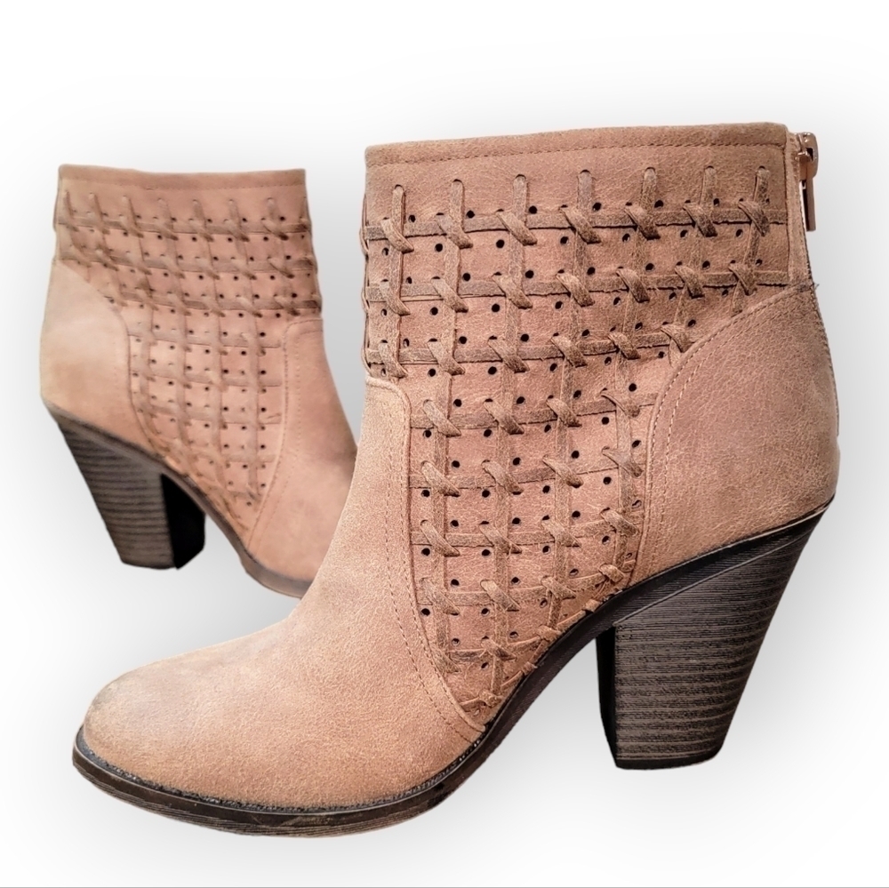 Fergalicious Worthy Ankle Boots Size 7.5 Booties Heels Woven Faux Leather